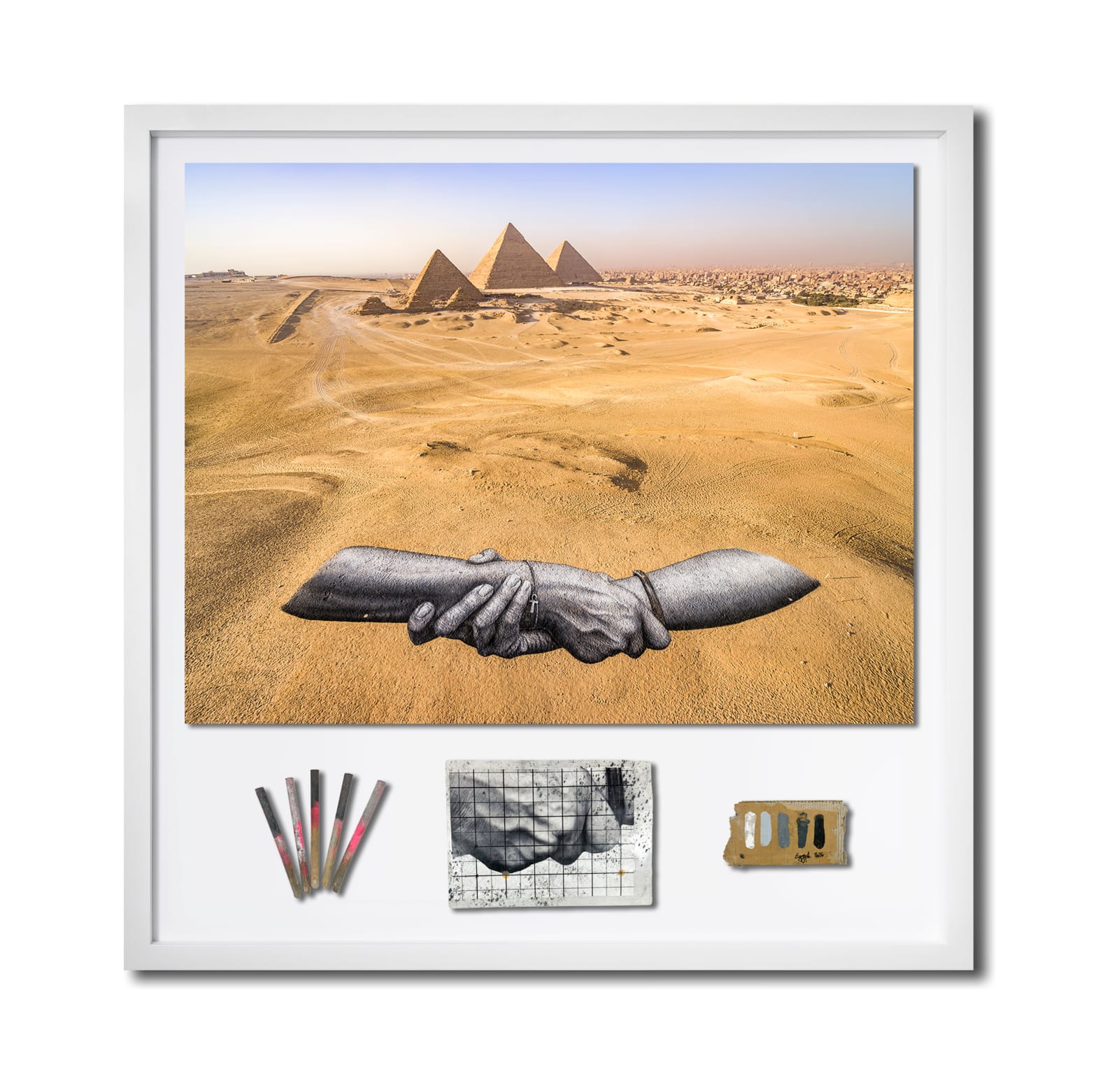 Saype, Beyond Walls, Step 20 : Pyramides de Gizeh, Cairo (EGY) 2024, 900 m², 31°7’38,485’’ E 29° 58’ 3,774’’ N, 2024