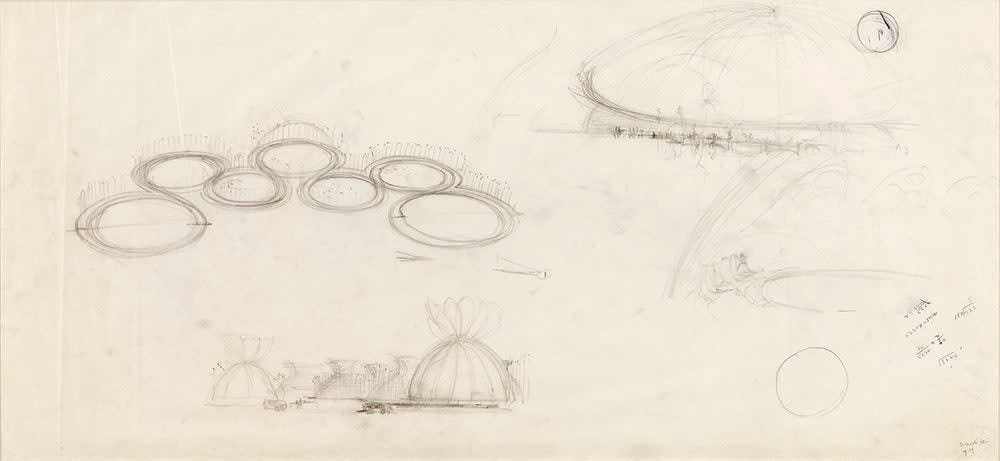 Louis I. Kahn, General Motors Exhibit, 1964 World's Fair, Grand Central Parkway and Long Island Expressway, New York, Site plan circulation study and perspectives, 1961