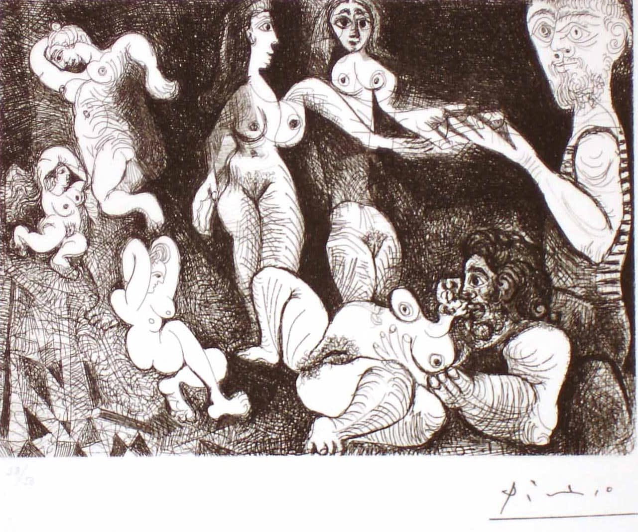Pablo Picasso, Marin rêveur avec deux femmes, couple, spectatrice et sculpture sur un escabeau, 1970