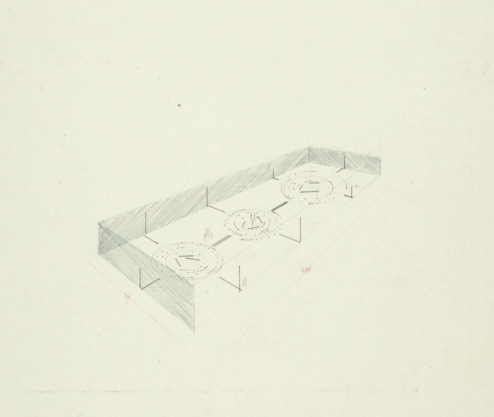 Barry Le Va, Installation (Perspective View) Unequal Lengths. Cut to a circular plain.(Walked endover-end in their own circular path) (ends touch -ends cut), 1973