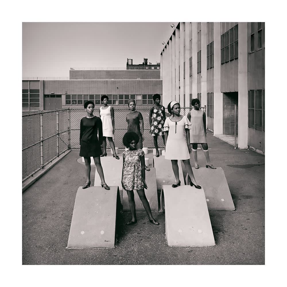 Kwame Brathwaite, Untitled (Photo shoot at a school for one of the many modeling groups who had begun to embrace natural hairstyles in the 1960s), c. 1966, printed 2017