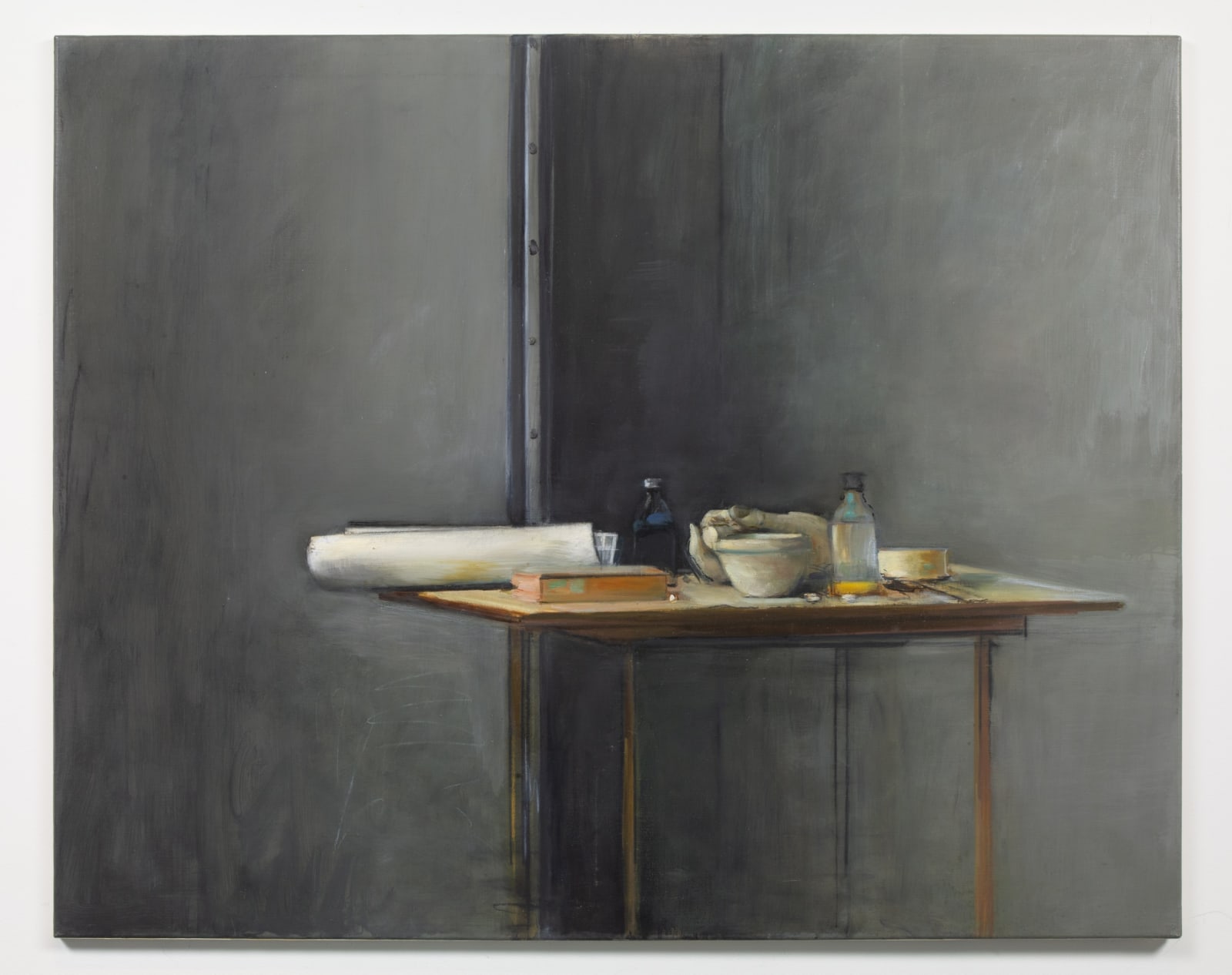 Rodrigo Moynihan, Still Life with Roman Hand & Roll of Photographs I, 1988
