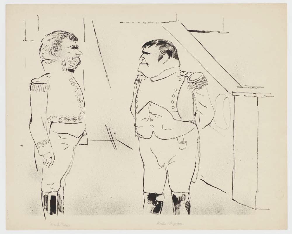 George Grosz, Zu Fritz von Unruh, Bonaparte, Schauspiel in vier Akten (sechs Bildern) / Napoleon und Hulin, Szenenbild: George Grosz(Napoleon and Hulin - Figurine for Fritz von Unruh’s "Bonaparte," drama in four acts (six images) production design: George), 1927