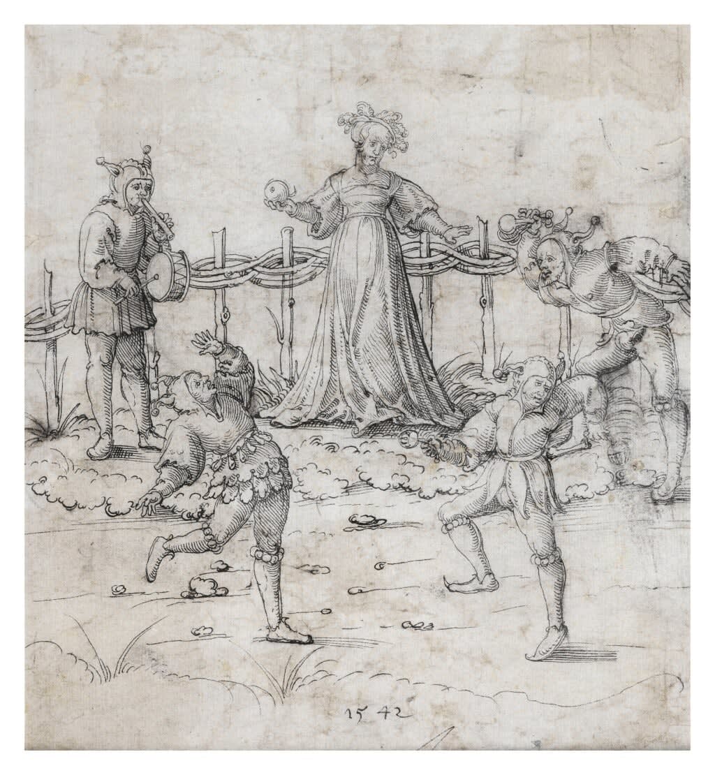 Erhard Schön, Jesters performing around a woman, 1542