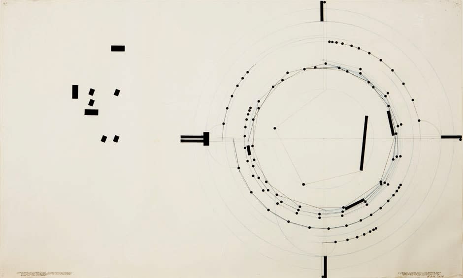Barry Le Va, Centerpoints and Lengths (Blocks Through Points of Tangency) Five Circular Areas Tangent to and Inscribed Within Each Other. 8 Unequal Lengths Cut on a Circular Plan (walked end-over-end in their own paths, ends touch; ends cut), 1974