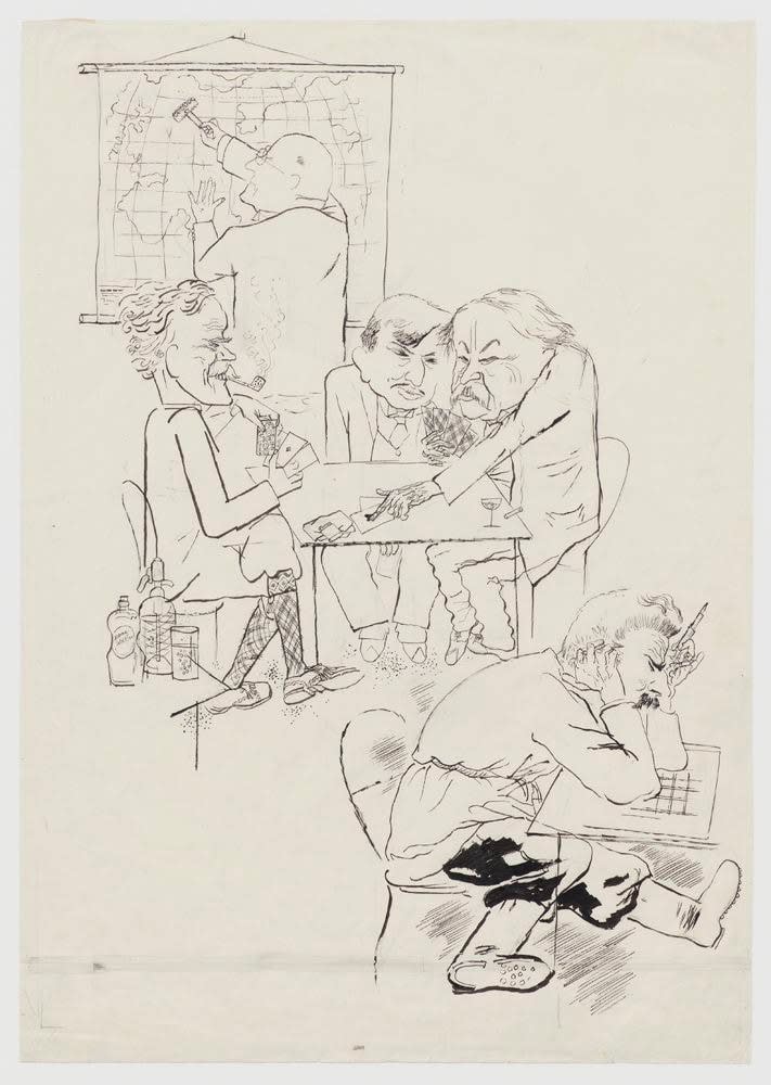 George Grosz, Weltpolitiker: Brüning radiert am polnischen Korridor, McDonald und Briand spielen Karen, Stalin brütet über einem Kreuzworträtsel, einem Teil des Fünfjahresplans(World Politicians: Brüning erasing the Polish Corridor, McDonald and Briand playing cards, Stalin brooding over a crossword puzzle, a part of the five-year plan), 1931
