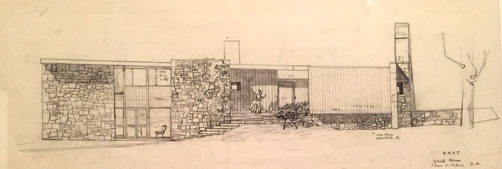 Louis I. Kahn, Samuel and Ruth Genel House, Lower Merion Township, PA, 1948-51, built, East elevation, 1948-51
