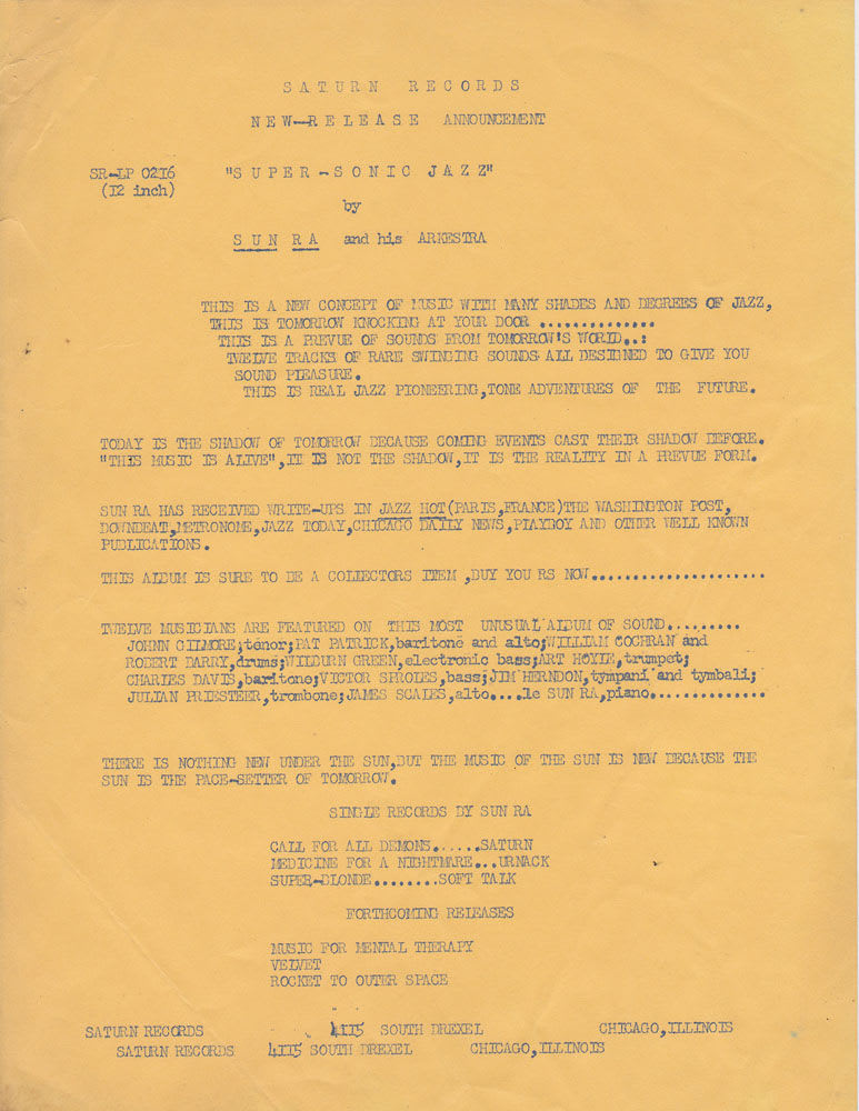 Sun Ra, Super-Sonic Jazz Press Release, c. 1962