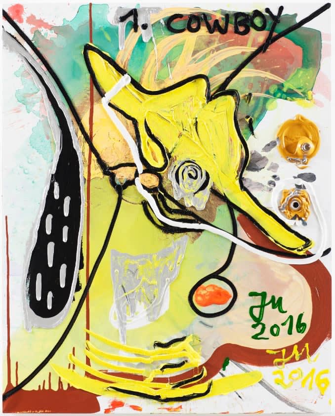 Jonathan Meese, VERPRESSUNG: DAS ENDE ZIEHT AN, BLUBBERT OKTNPUSSY DIR INS ROHRLI, WIE DEINE VERBROTUNG, 2016