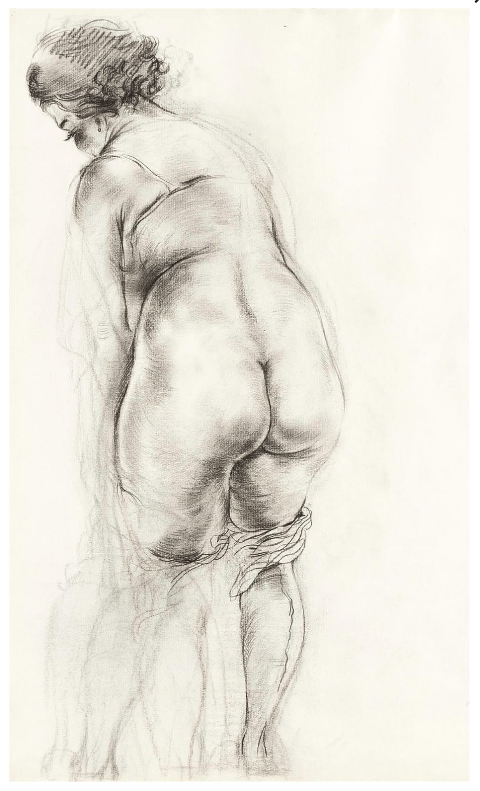 George Grosz, Female nude removing her stockings, ca. 1935-40