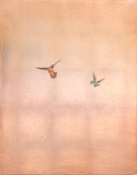 Carolyn Reynolds, Rainbow and Green Hummers Over Rose, 2019