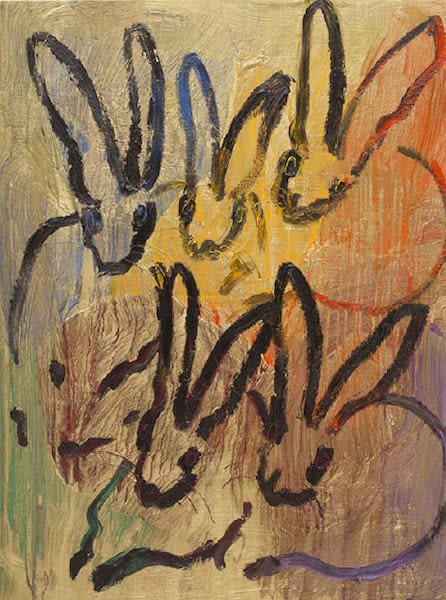 Hunt Slonem, Untitled, Multicolored Rabbits on Gold, 2015