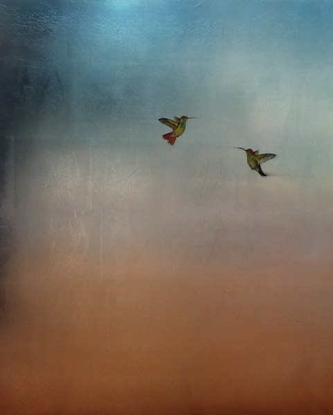 Carolyn Reynolds, Two Hummingbirds in Brilliant Aqua and Gold, 2018