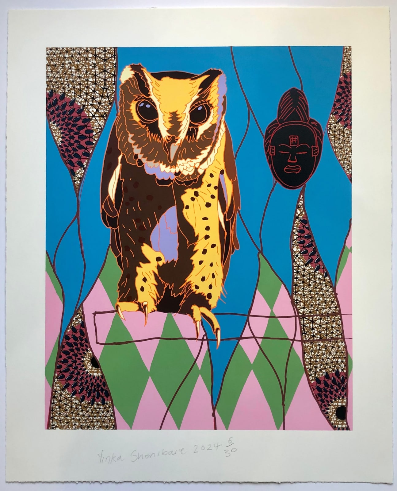 Yinka Shonibare, African Bird Magic (Sokoke Scops-Owl and Okuyi Mask), 2024