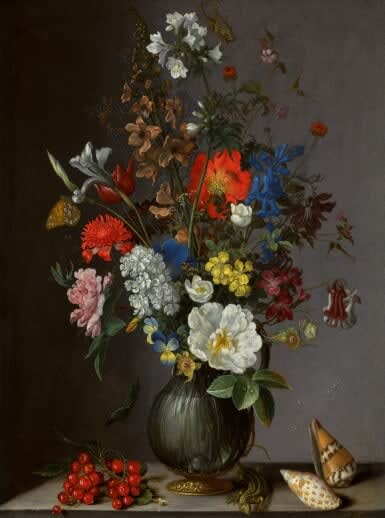 Balthasar van der Ast, Flowers in a vase on a stone ledge, with redcurrants and shells, c. 1630