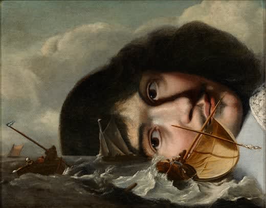 Attributed to Isaak Luttichuys and Ludolf Backhuysen, Ships on a stormy sea, painted over a fragmentary portrait of a young man, c. 1655-60 (portrait) and c. 1685-90 (seascape)
