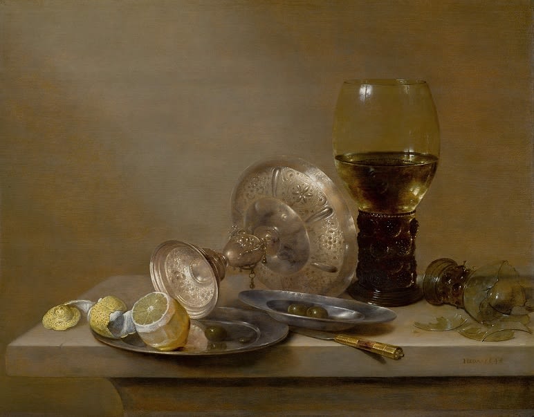 Willem Claesz. Heda, A vanitas still life with a broken roemer, an upturned tazza and a peeled lemon, on a ledge, 1648