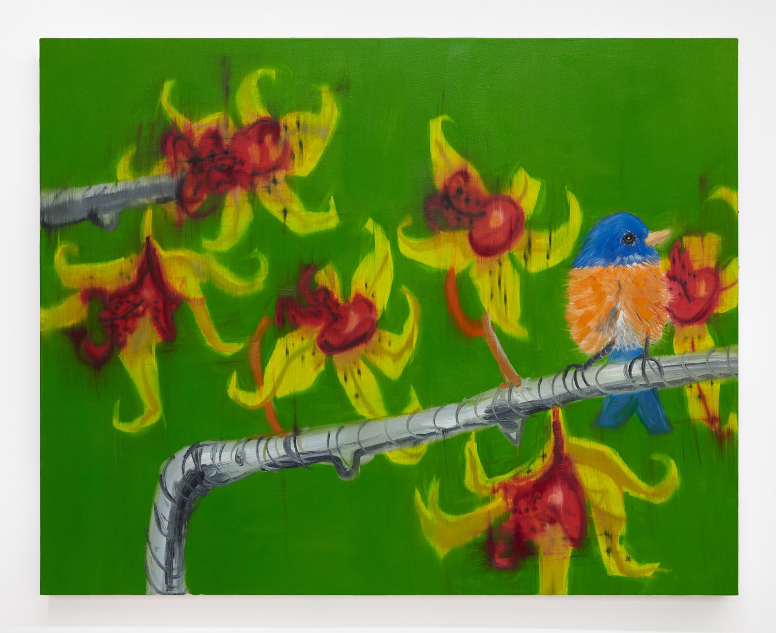 A loosely painted scene of a blue and orange bird perched on a branch surrounded by six tiger lily-like flowers on a Kelly green background.