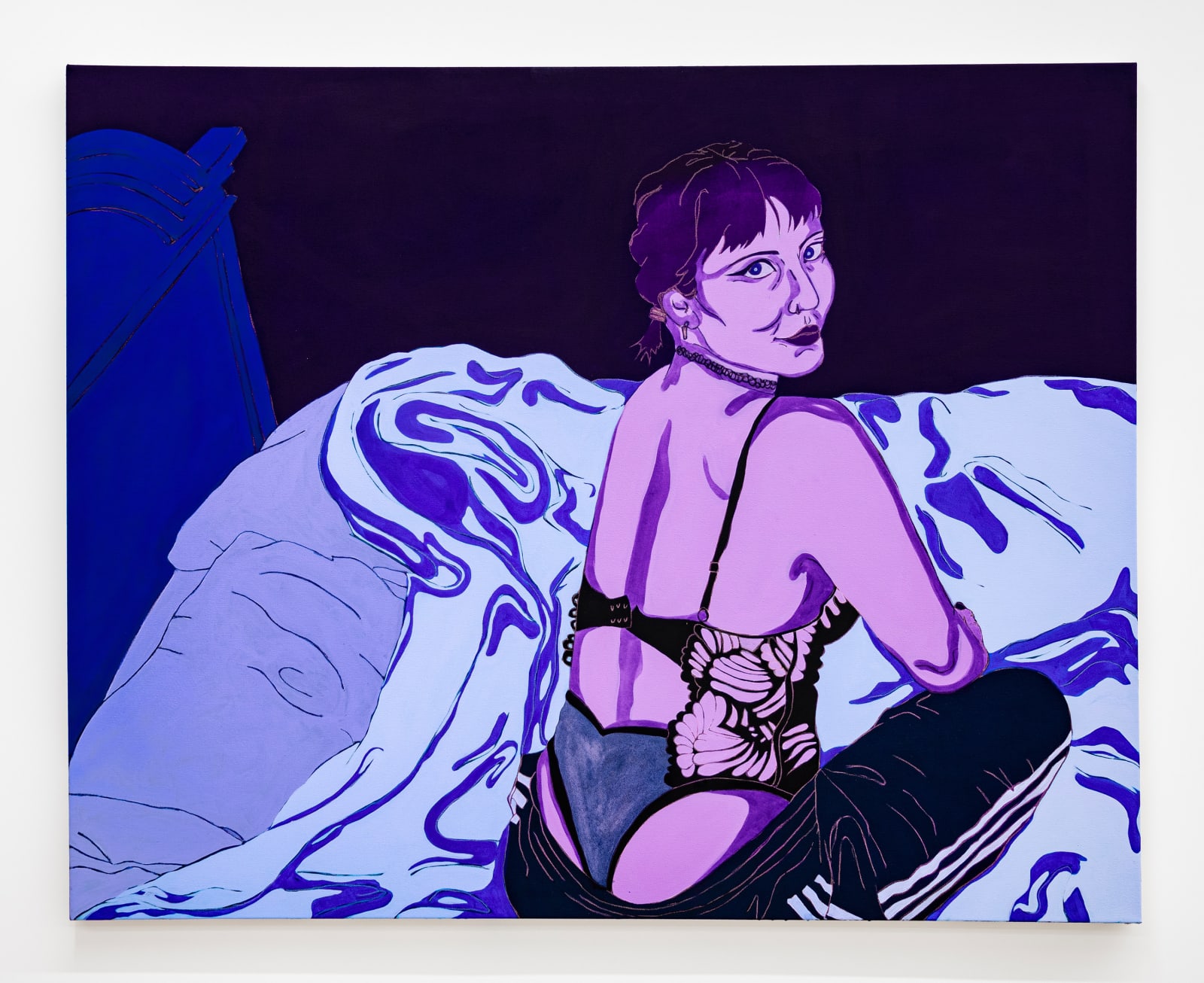A painting in blues, purples, and blacks, of a woman in a lace bodysuit sitting on a bed facing away from the viewer.