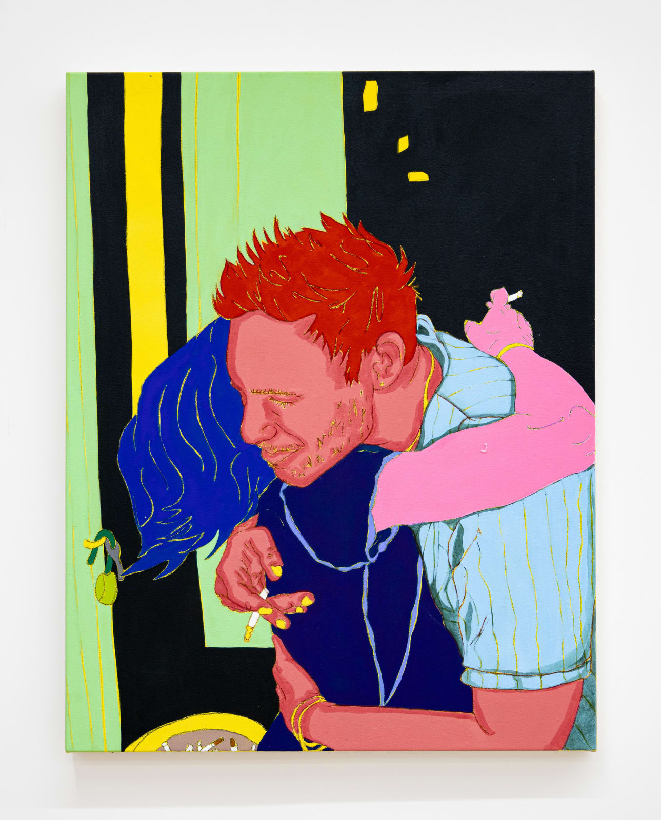 A painting of a couple embracing in front of a doorway. The person towards the viewer is in shades of red holding a cigarette, and the figure turned away has ultramarine blue hair.