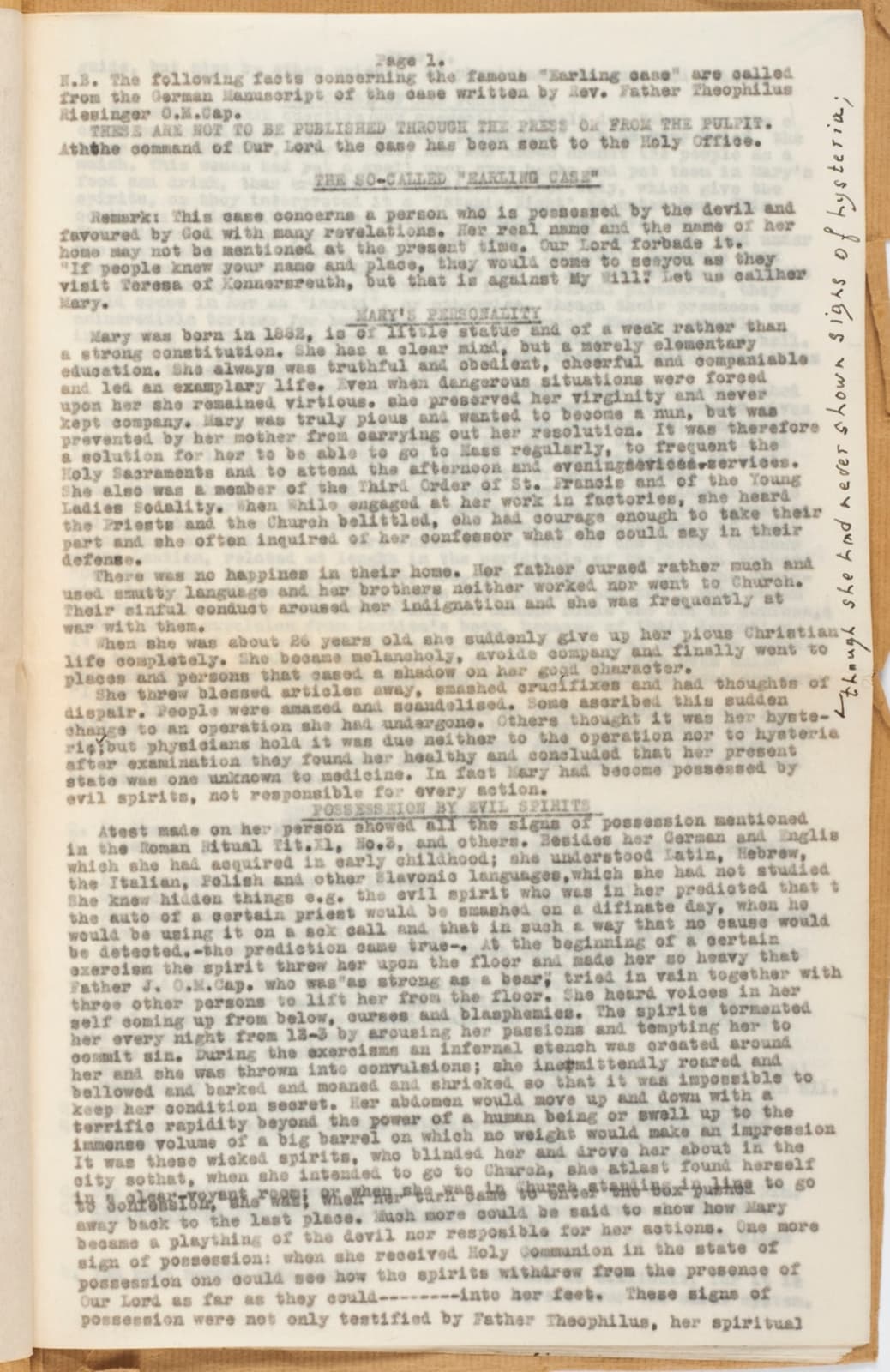 F.J. Bunse; Theophilus Riesinger, The Earling Possession Case: An Exposition of the Exorcism of ‘Mary’ a Demoniac and Certain Marvelous Revelations Foretelling the Near Advent of Antichrist and the Coming Persecution of the Church in the Years 1952–1955., 1934
