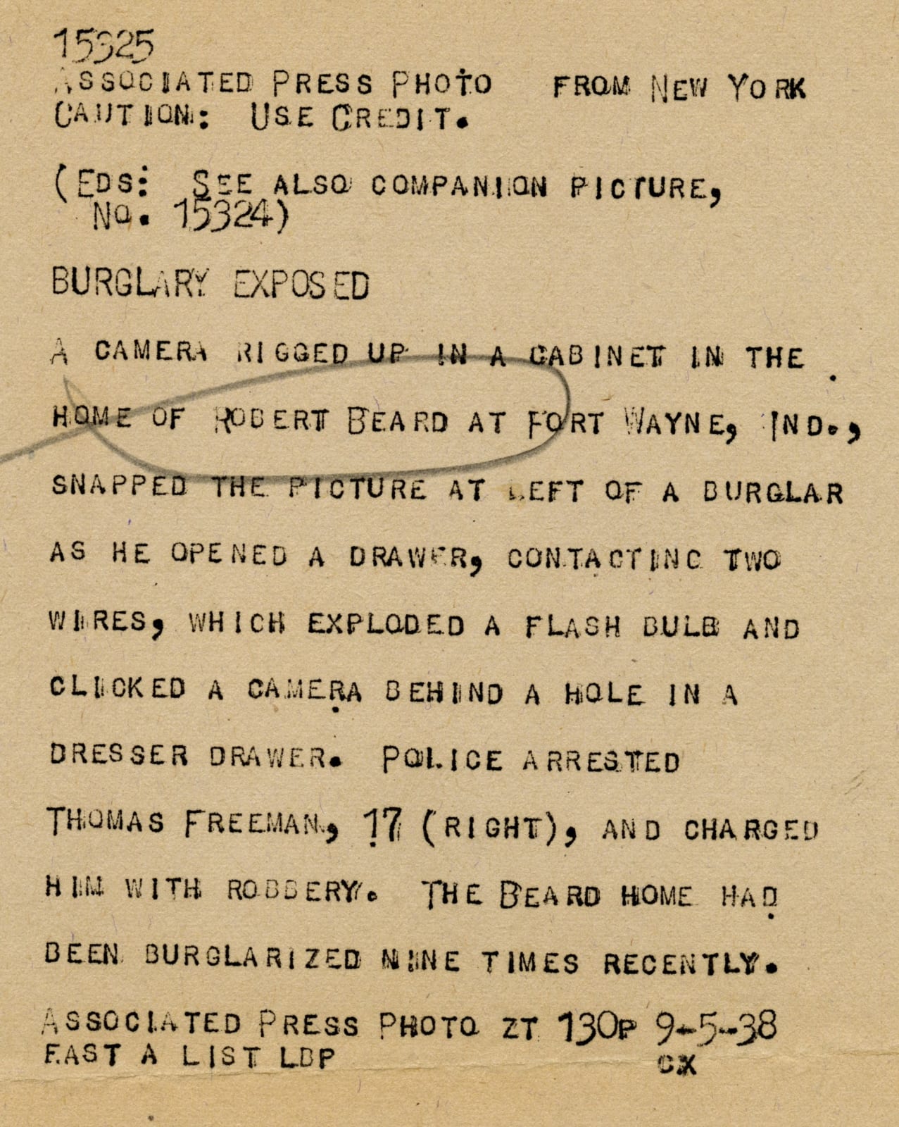 Various (Self-portrait?), Pair of Photographs Illustrating the Use of a "Camera-Trap" in order to Catch Thomas Freeman in the Act of Burglary , 1938
