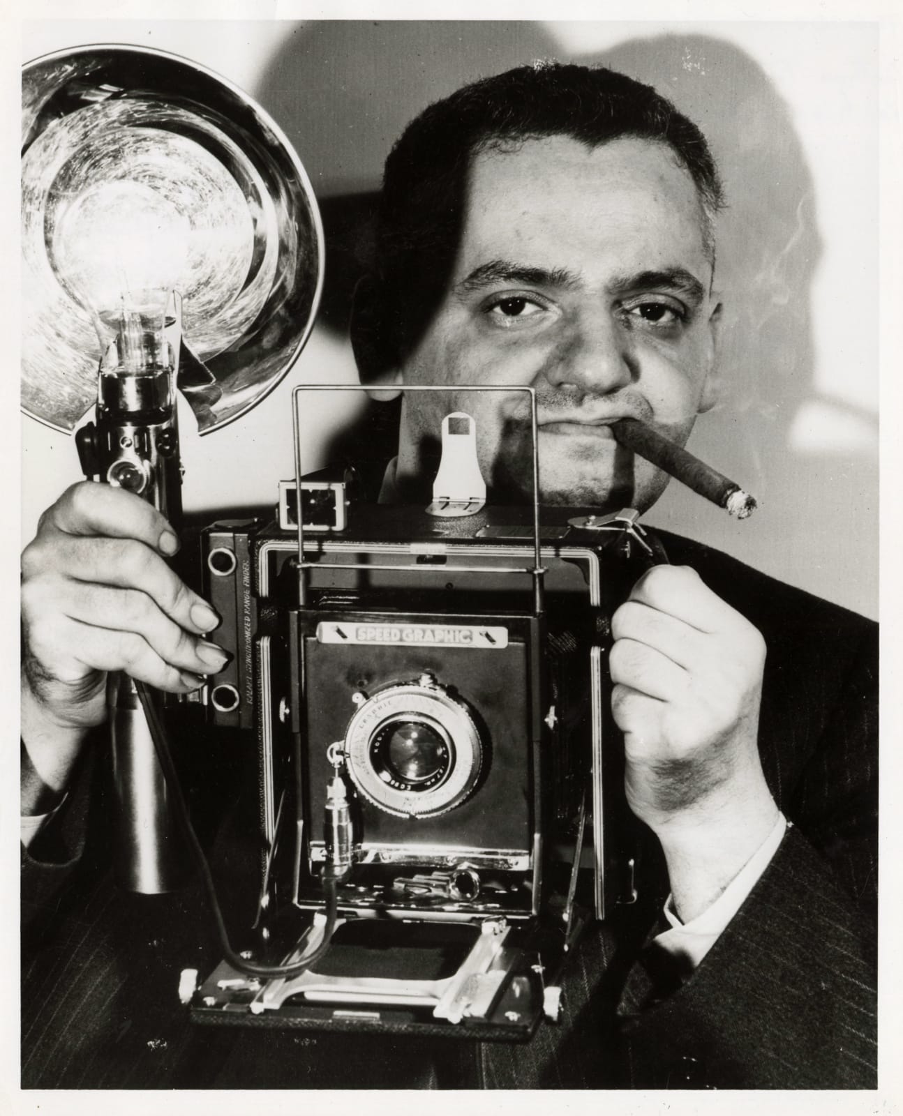 WEEGEE, Self-Portrait, Weegee with Speed Graphic Camera, 1950s