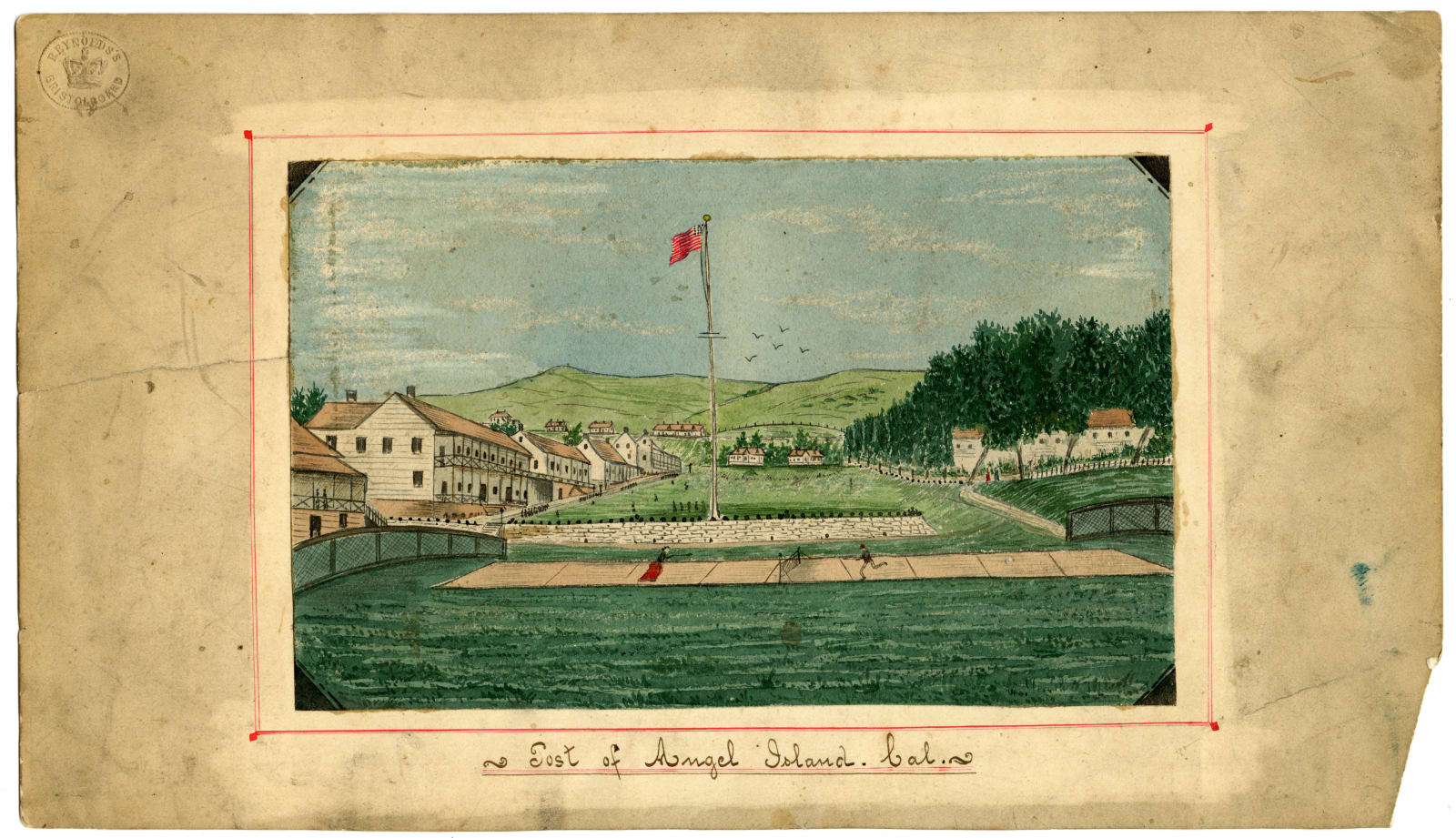 Unknown, Early Folk Art Depiction of the Barracks and a Game of Lawn Tennis on Angel Island, 1870s(?)