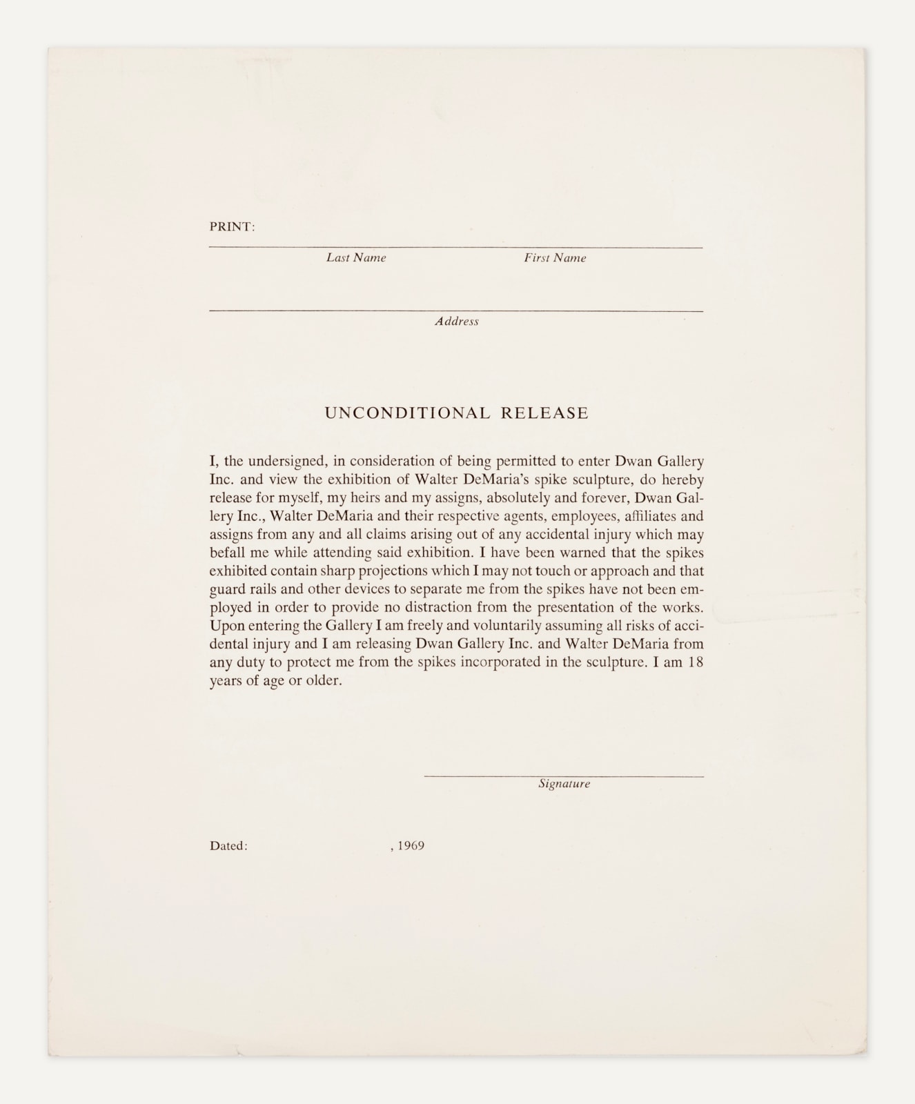 Walter De Maria, Installation View of "Bed of Spikes" with the original "Unconditional Release" Form, 1968