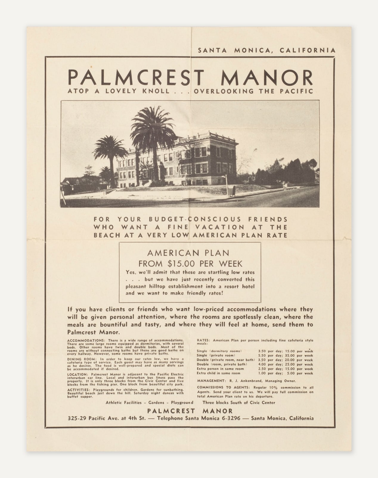 [Palmcrest Manor], Advertisement for a Short-Lived Santa Monica Hotel for African American Travelers and Vacationers, c. 1948