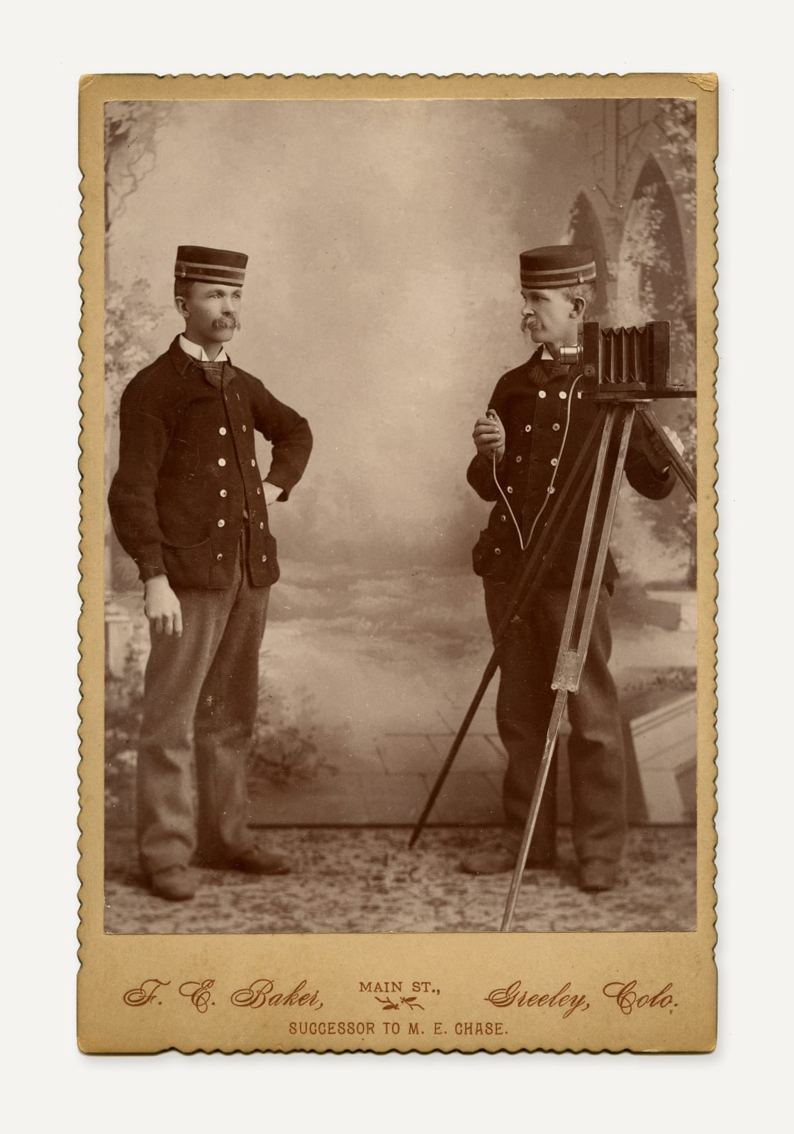 F.E. Baker, Trick Cabinet Card of Greeley, CO, Photographer Photographing Himself, 1880s