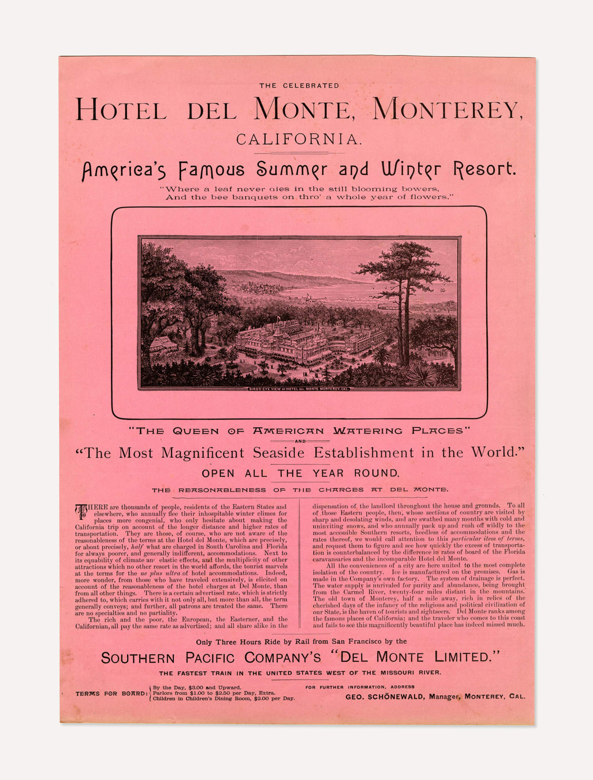 [Del Monte Hotel], Double-Sided Broadside for the Famed Monterey, CA, Resort, 1890s
