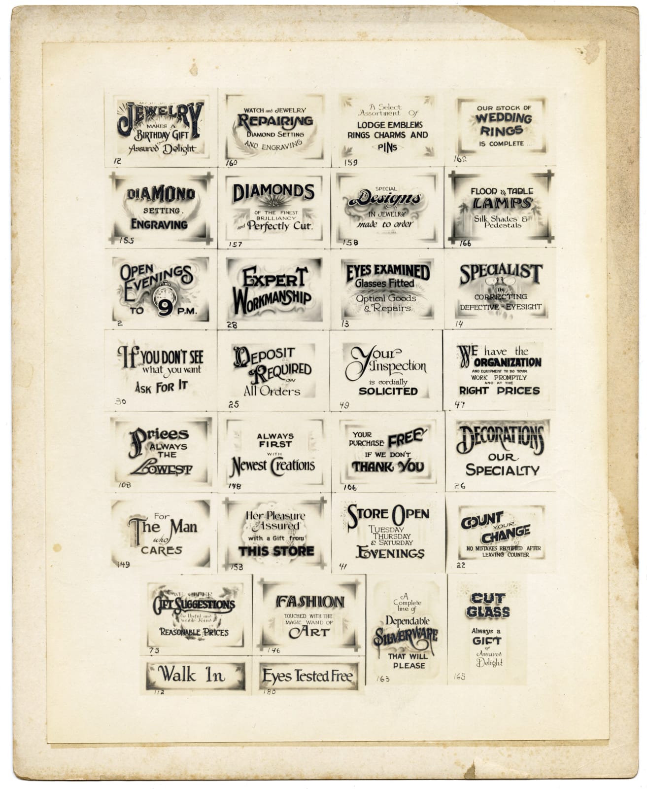 [Meslercraft Trade Announcers], Group of Photos Offering Trade Signs for Businesses, 1920s