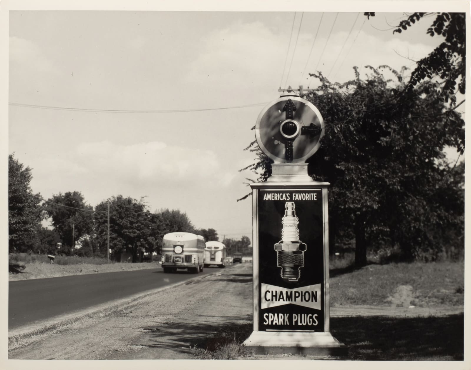 [Traffic Alerts], Photos of Roadside Alert Signs That Also Advertise Champion Spark Plugs and Local Businesses, 1920s-40s
