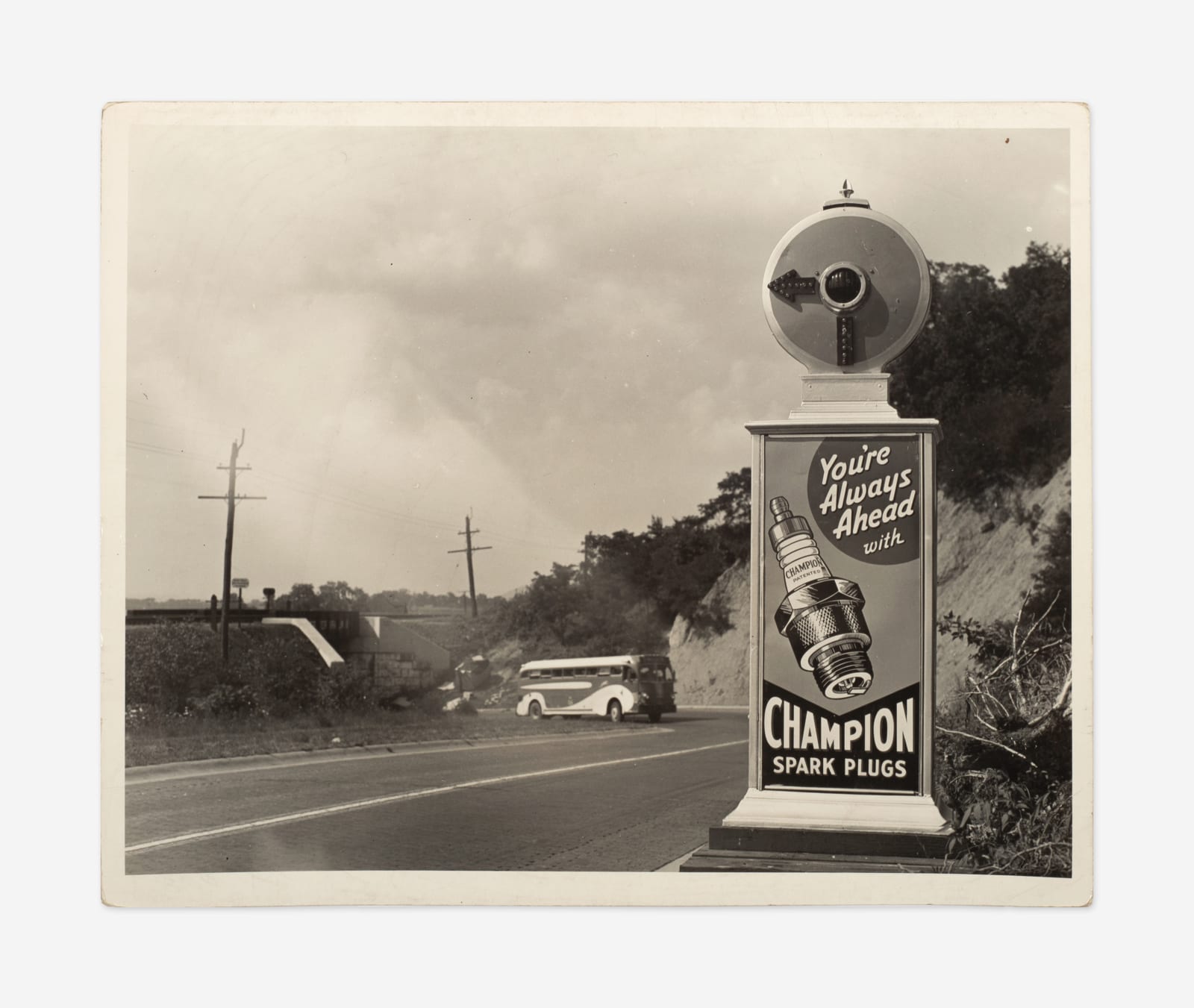 [Traffic Alerts], Photos of Roadside Alert Signs That Also Advertise Champion Spark Plugs and Local Businesses, 1920s-40s