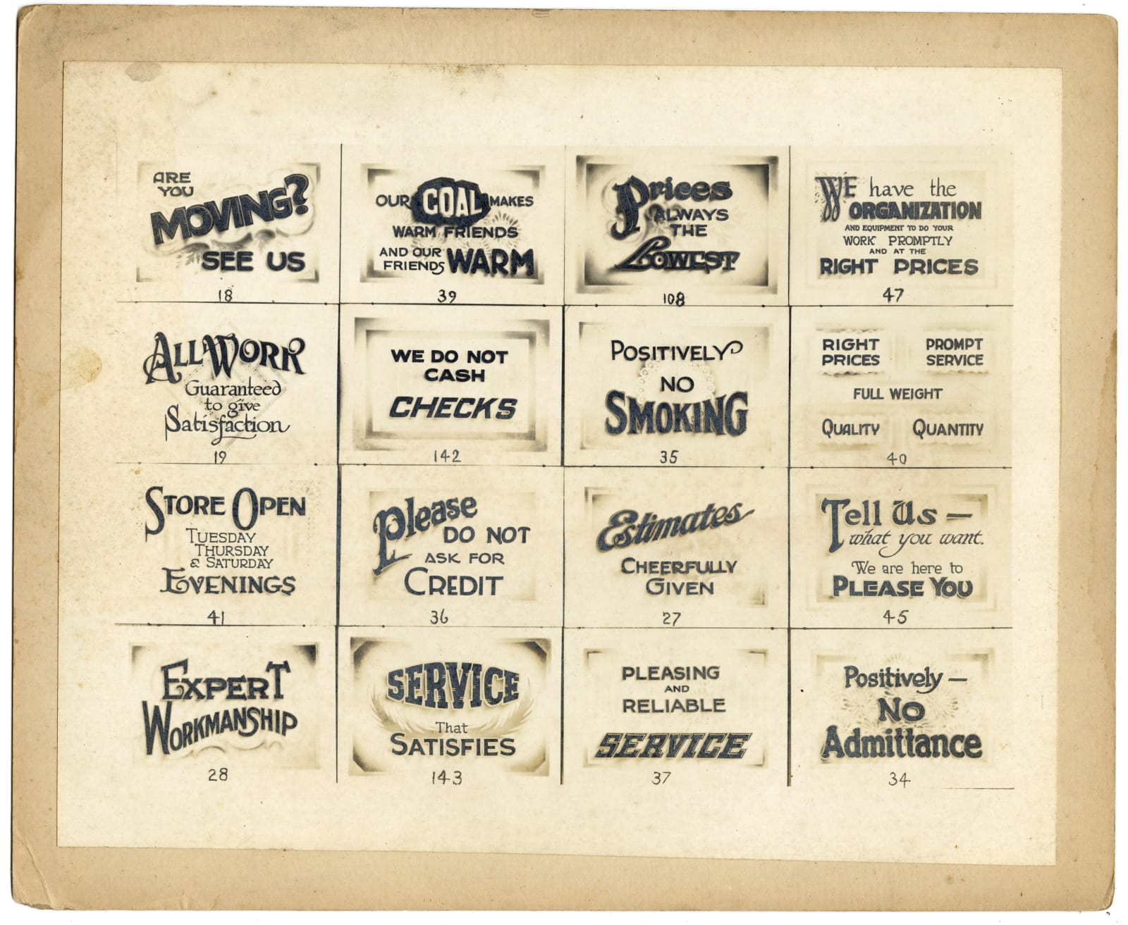 [Meslercraft Trade Announcers], Group of Photos Offering Trade Signs for Businesses, 1920s