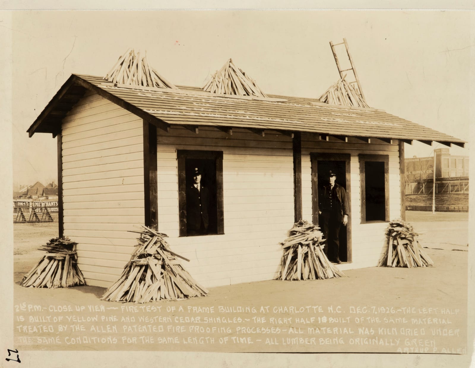 [Arthur P. Allen—Fire Proof Lumber], Company album demonstrating the resilience of Fire-Proof lumber, depicted in a 12-image sequence of “the most unique Fire Test ever made”, 1926