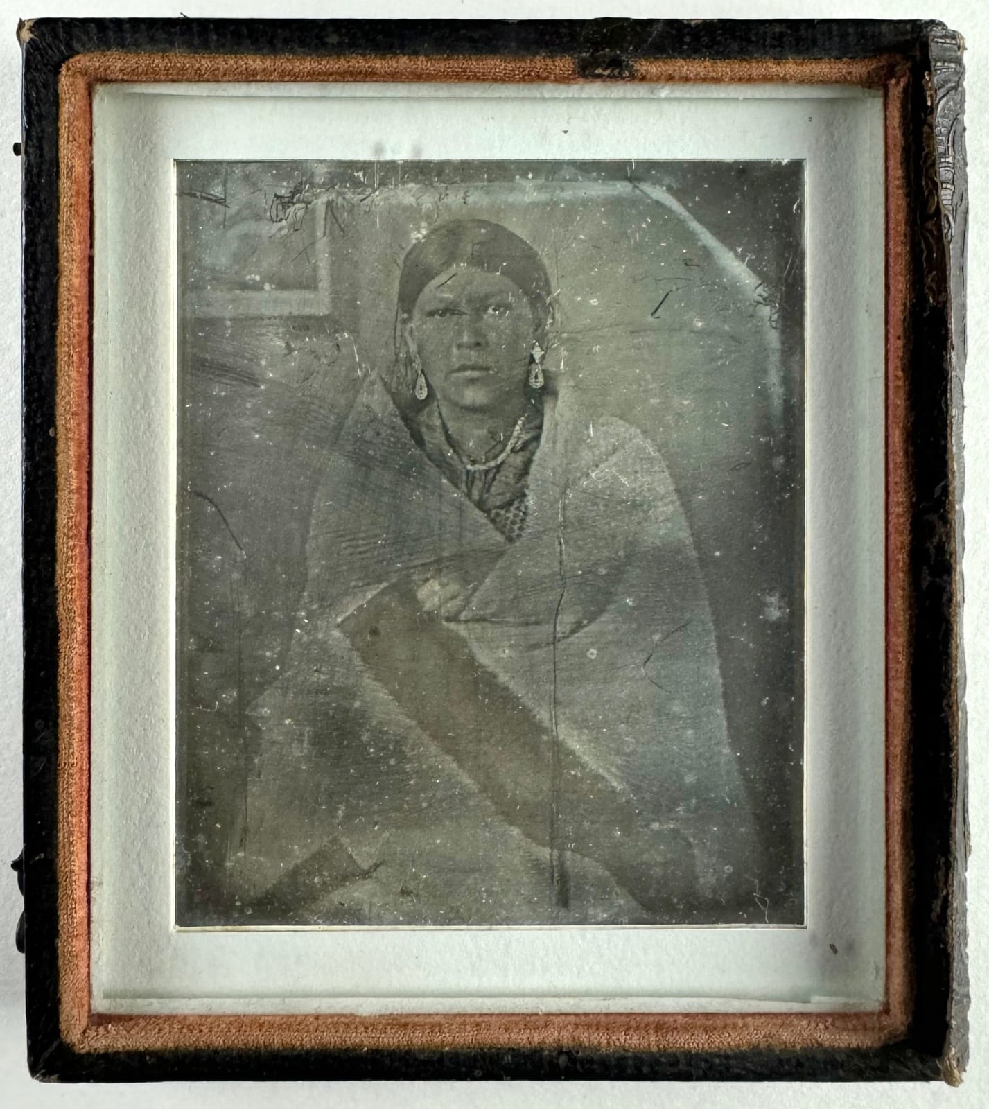 [Seneca Tribe], Scarce and Early Daguerreotype of an Identified Woman Wearing in a Hudson Bay Blanket, 1850s