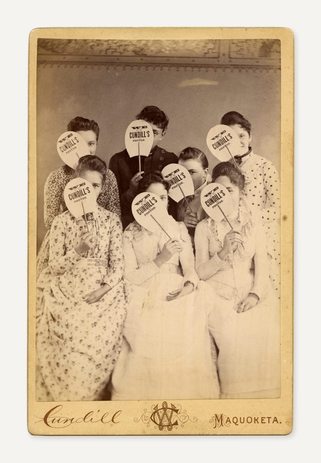 William Cundill, Pair of Cabinet Cards Showing a Group of Women with and Without Advertising Fans for Candell's Studio, 1887