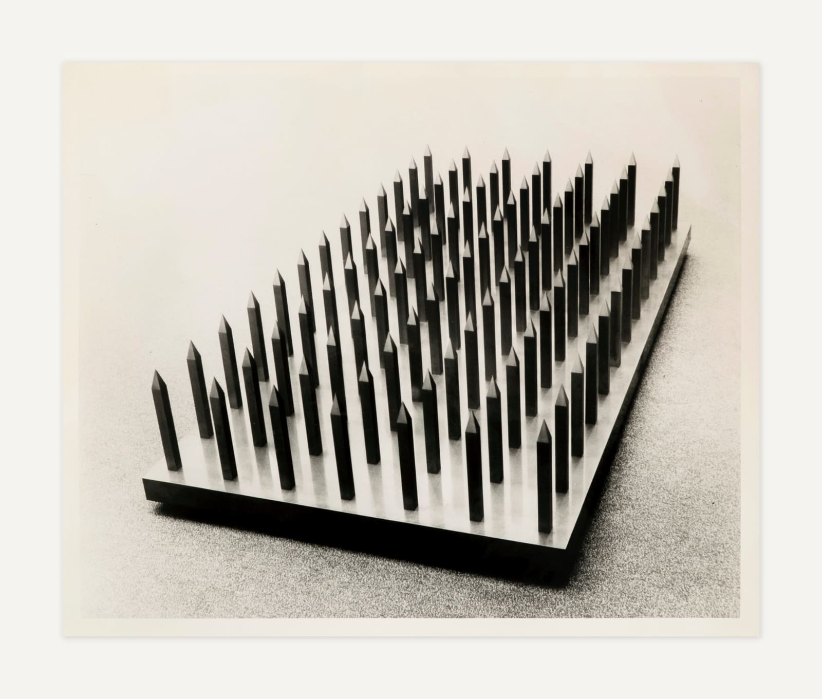 Walter De Maria, Installation View of "Bed of Spikes" with the original "Unconditional Release" Form, 1968