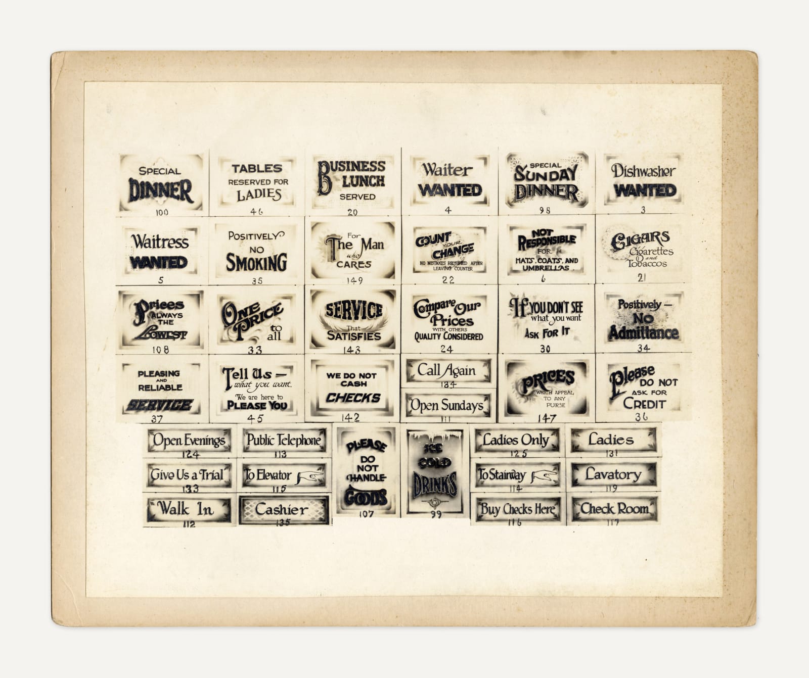 [Meslercraft Trade Announcers], Group of Photos Offering Trade Signs for Businesses, 1920s