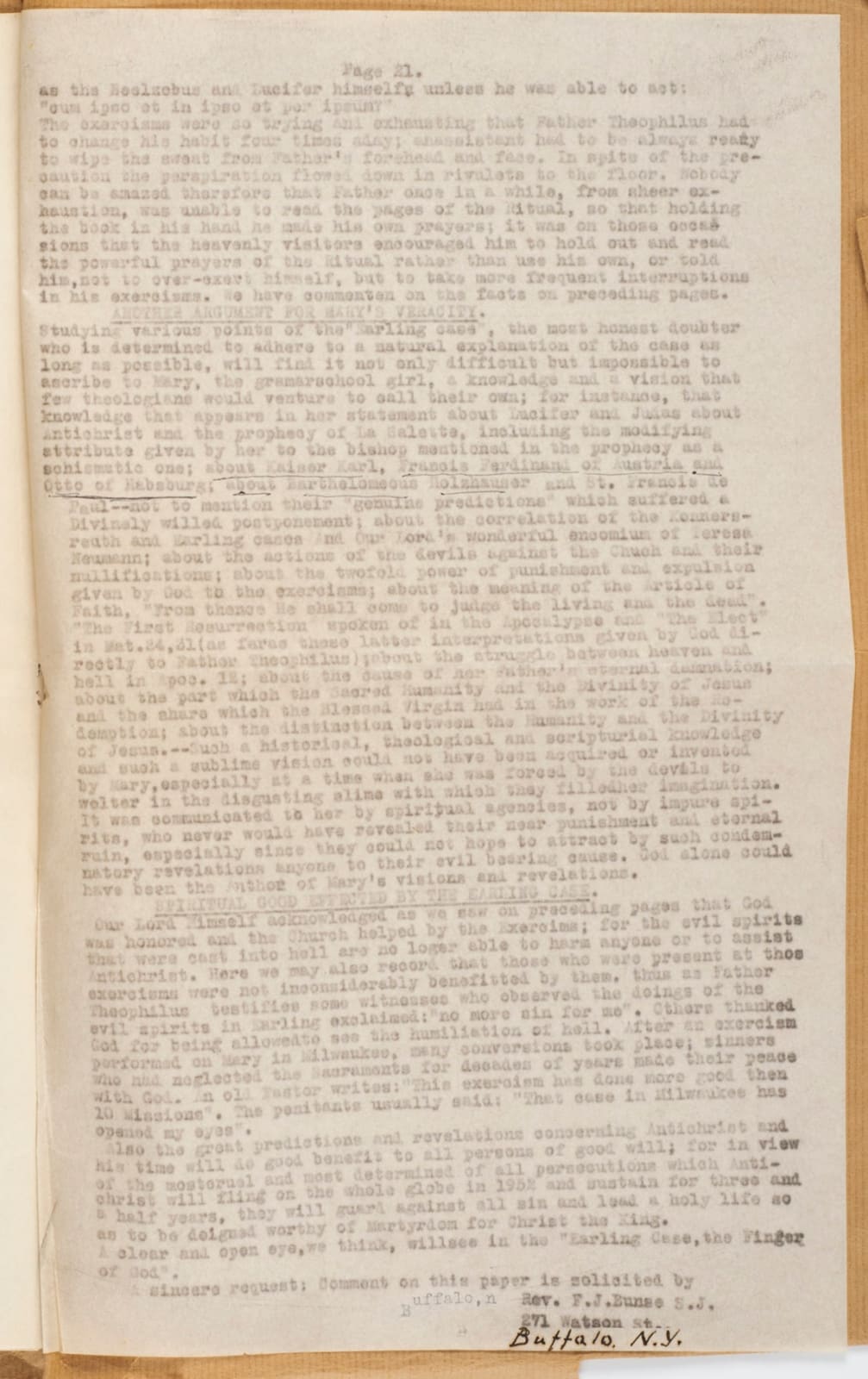 F.J. Bunse; Theophilus Riesinger, The Earling Possession Case: An Exposition of the Exorcism of ‘Mary’ a Demoniac and Certain Marvelous Revelations Foretelling the Near Advent of Antichrist and the Coming Persecution of the Church in the Years 1952–1955., 1934
