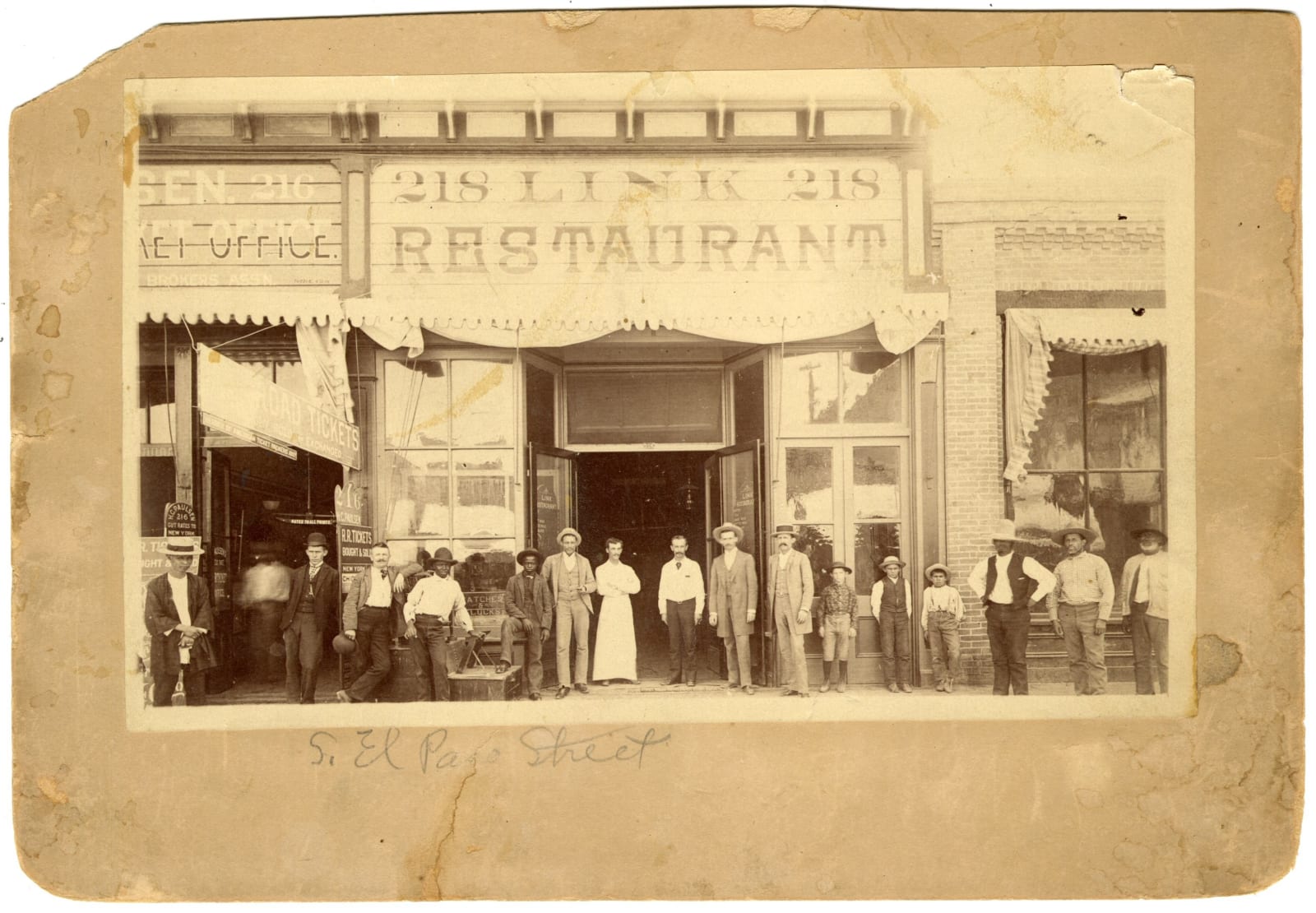 [Pete McCarro's Restaurant], Dynamic Storefront View of an El Paso Restaurant and its Multicultural Patrons, 1880s