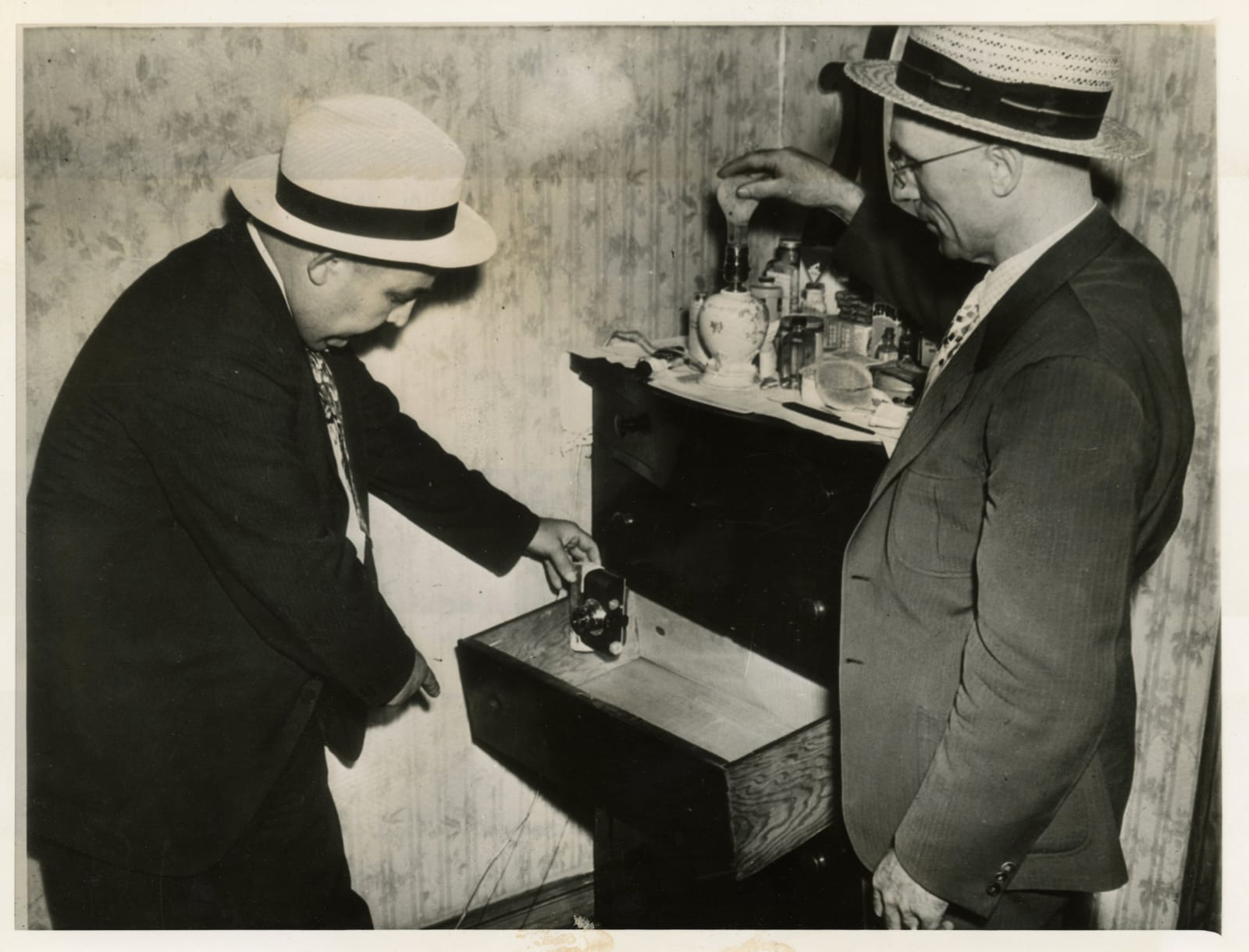 Various (Self-portrait?), Pair of Photographs Illustrating the Use of a "Camera-Trap" in order to Catch Thomas Freeman in the Act of Burglary , 1938