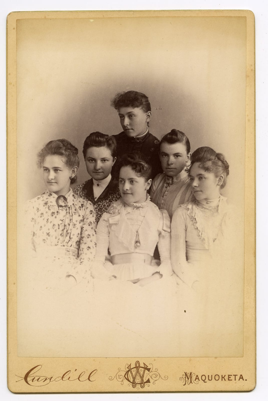 William Cundill, Pair of Cabinet Cards Showing a Group of Women with and Without Advertising Fans for Candell's Studio, 1887