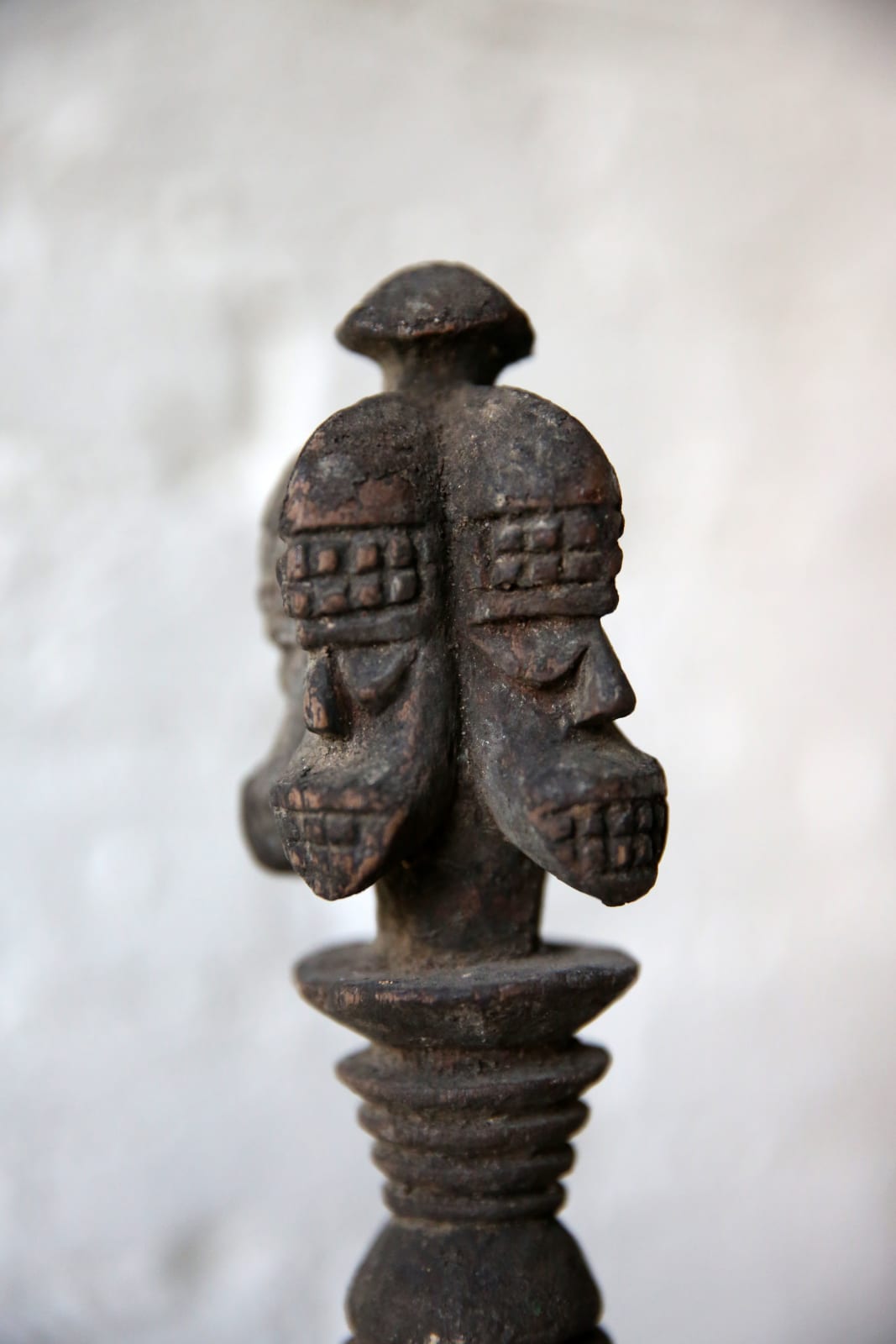 Four-headed Urhobo rattle, Nigeria