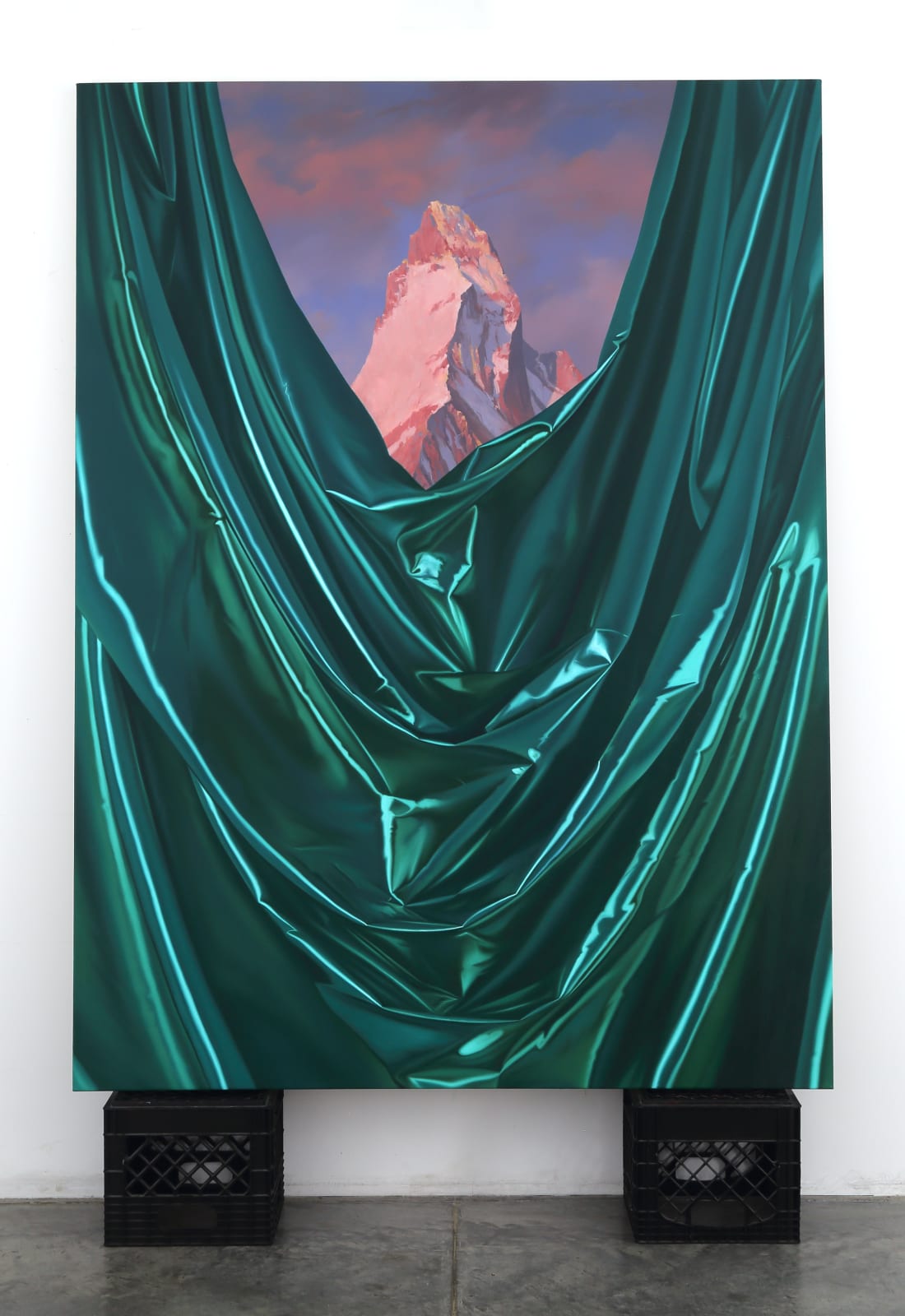 Shawn Huckins, Metallic Teal Green Fabric with Landscape (after Bierstadt), 2025