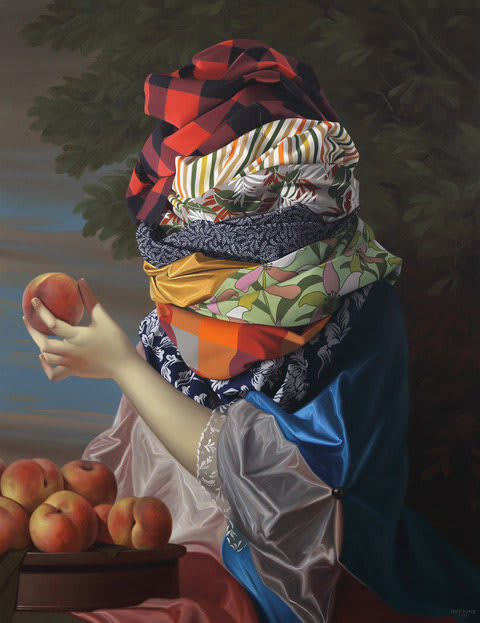 Shawn Huckins, Various Fabrics: Portrait of An Elegant Lady with Fruit (after Tournières), 2023