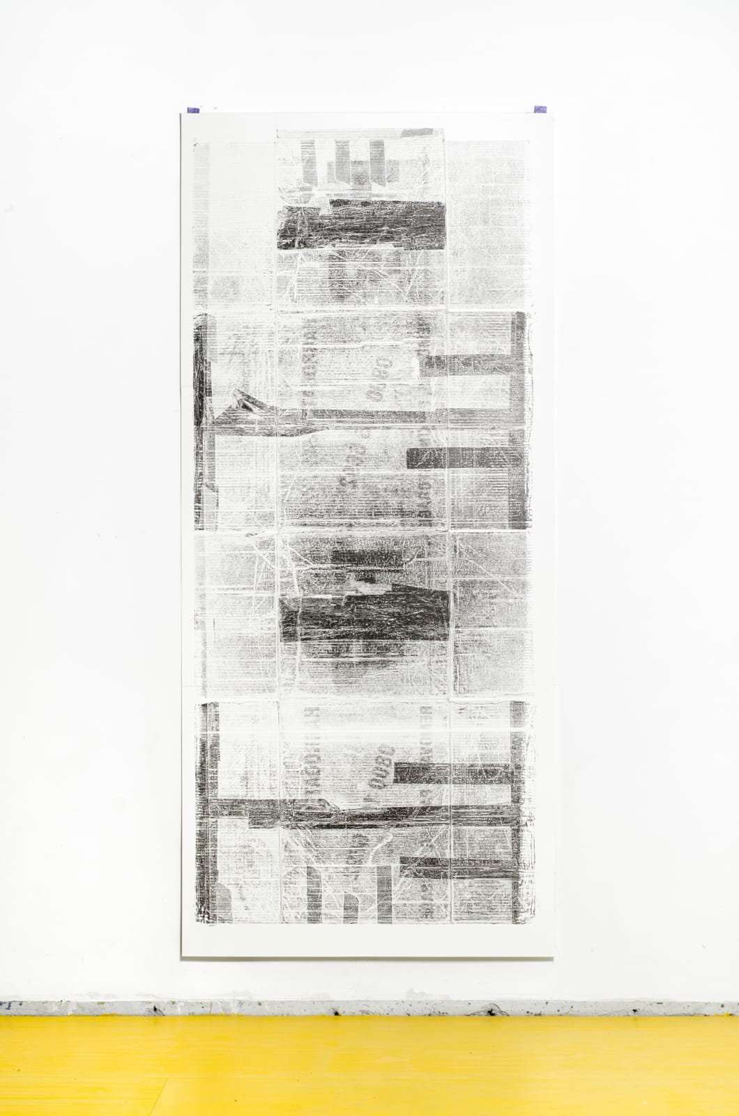 Alex Farrar, Pressed inked moving box #47 (jigsaw powertool, sewing machine, scanner, guitar stand, rug), 2024–2025