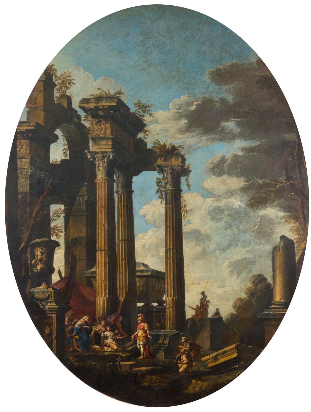 Giovanni Paolo Panini, Architectural Capriccio with Equestrian Monument of Marcus Aurelius and Alexander the Great; Architectural Capriccio with Alexander the Great and the family of Darius